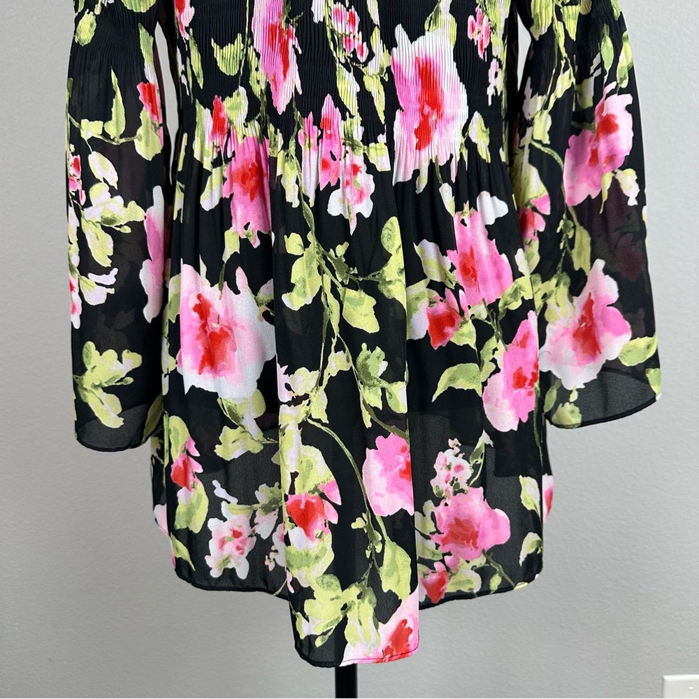 Floral & Ivy Floral Top Sz Large Sheer Pleated Stretch Flare Sleeve Peasant Boho - Picture 10 of 14